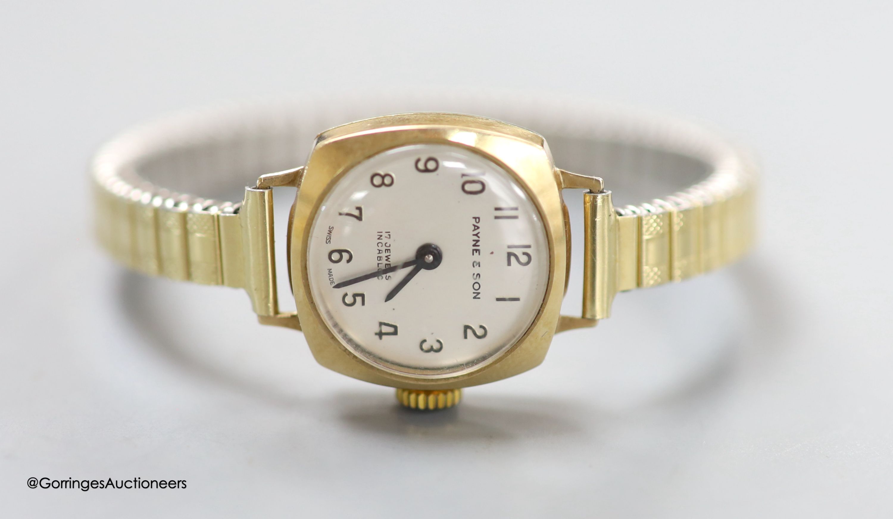 A lady's 9ct gold Vertex manual wind wrist watch, on a rolled gold mesh link bracelet and a similar 9ct gold watch on gold plated flexible bracelet, gross 33 grams.